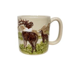 Hand Painted Otagiri Japanese Elk & Baby Nature Theme Vintage Ceramic Coffee Mug